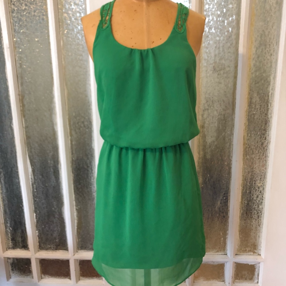 Green chiffon dress. Crochet back.